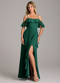 Azazie Aubrie Bridesmaid Dresses Emerald A-Line Off the Shoulder Chiffon Dress image4