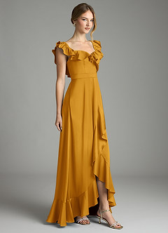 Azazie Lyra Bridesmaid Dresses Butterscotch A-Line Off the Shoulder Stretch Satin Convertible Dress image5