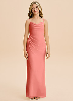 Azazie Mai Junior Vestido de Rosa Salmón de Gasa de Corte Recto con Plisado image3