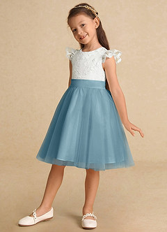 Azazie Vetty Flower Girl Dresses Ivory Moody Blue A-Line Lace Tulle Dress image3