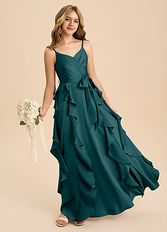 Azazie Peyton Junior Robe Trapèze en Satin extensible Plissée Vert Pin image1