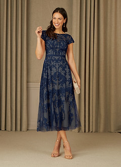 Azazie Sanna Mother of the Bride Dresses Dark Navy Champagne A-Line Scoop Lace Tulle Dress image7