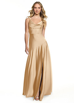 Azazie Kayla Bridesmaid Dresses Champagne Sheath Side Slit Stretch Satin Dress image1