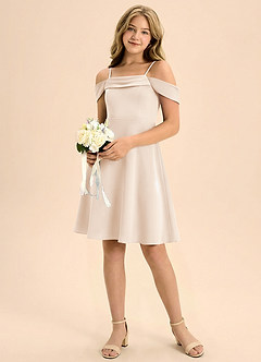 Azazie Anselie Junior Jurk van Stretch Satijn met A-Lijn Geplooid Wit Albast image1