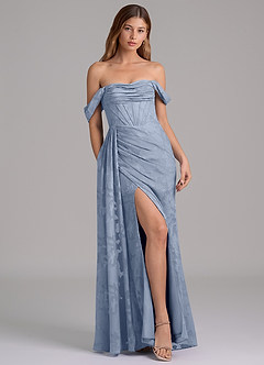 Azazie Amyra 신부 들러리 드레스 인어 오프 더 숄더 플로럴 번아웃 바닥 길이 드레스 image3