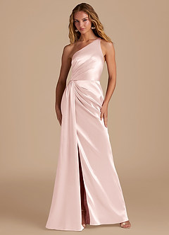 Azazie Mika Bridesmaid Dresses Blushing Pink Sheath One Shoulder Metallic Satin Dress image1