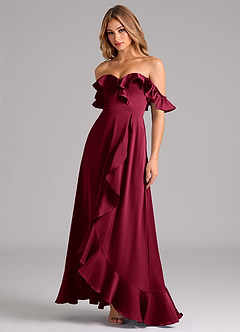 Azazie Lyra Robes de demoiselle d'honneur Robe Trapèze Convertible en Satin extensible Épaule décolletée Bourgogne image4