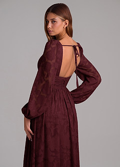 Azazie Norah Jurken voor bruidsmeisjes Jurk van Bloemen Burn-out met A-Lijn Lange mouw Cabernet image2