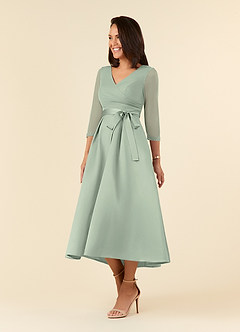 Azazie Maritza Mother of the Bride Dresses Dusty Sage A-Line Pleated Matte Satin Dress image2