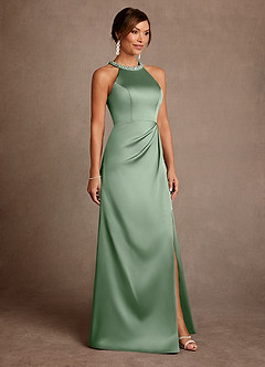 Azazie Lawrence Moeder van de bruid jurken A-Lijn Jurk van Stretch Satijn Geplooid Matcha image4