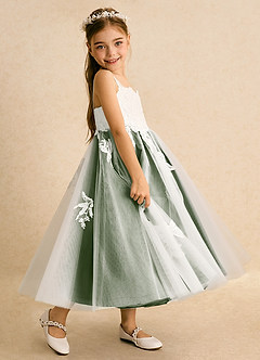 Azazie Coraline Flower Girl Dresses Ivory Olive A-Line Lace Dress image5