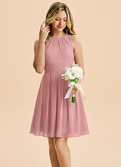 Azazie Bibiane Junior Vestido Rosa Polvorienta de Gasa de Corte en A con Plisado image5