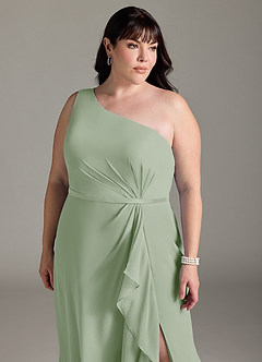 Azazie Liza Vestidos de damas de honor Vestido de Salvia Polvorienta de Gasa de Corte Sirena con Hombro unilateral image10