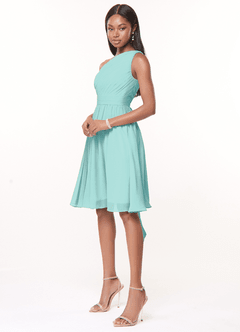 Azazie Katrina Bridesmaid Dresses Aqua A-Line One Shoulder Chiffon Dress image3