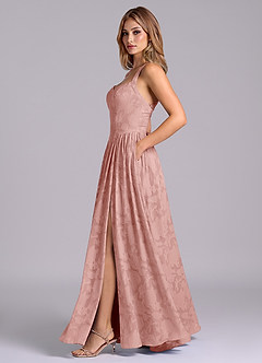 Azazie Francis At-home Try On Dresses Dark Navy A-Line Corset Floral Burnout Dress image3