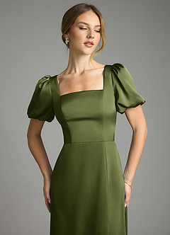 Azazie Fyona Bridesmaid Dresses Olive A-Line Pleated Stretch Satin Dress image6
