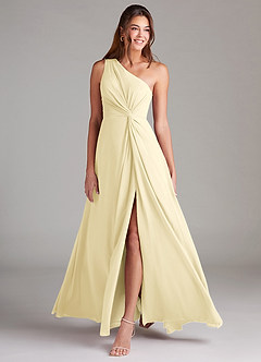 Azazie Brooke Vestidos de damas de honor Vestido de Sorbete De Limón de Gasa de Corte en A con Hombro unilateral image3