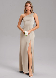 Azazie Phaedra Bridesmaid Dresses Frost A-Line One Shoulder Stretch Satin Dress image1