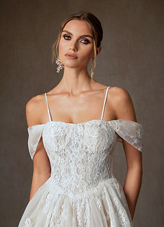 Azazie Justice Vestidos de noiva Vestido Diamante Branco Nu de Renda de Vestido de baile com Fora do ombro image4
