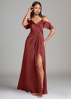 Azazie Dakota Bridesmaid Dresses Terracotta A-Line Off the Shoulder Stretch Satin Dress image4