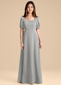 Azazie Briar Junior Vestido de Plata de Satén Elástico de Corte en A con Lazo image7