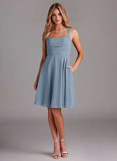 Azazie Vina Bridesmaid Dresses Dusty Blue A-Line Lace Chiffon Dress image1