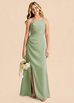 Azazie Eren Junior Robe Fourreau en Satin extensible Plissé Vert Sauge image4
