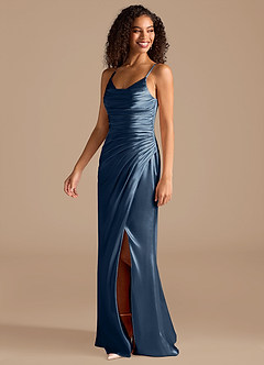Azazie Deandra Bridesmaid Dresses Dark Navy Mermaid Pleated Metallic Satin Dress image3