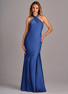 Azazie Lorena Vestidos de damas de honor Vestido de Azul Real de Satén Elástico de Corte Sirena con Plisado image4