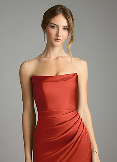 Azazie Leonis Bridesmaid Dresses Rust Mermaid Pleated Stretch Satin Convertible Dress image4