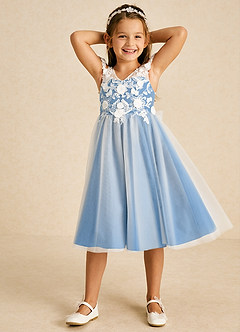Azazie Sunnie Robe Demoiselle D'honneur Fillette Robe Trapèze en Tulle Dentelle Geai Bleu image4