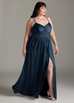 Azazie Zeya Bridesmaid Dresses Dark Navy A-Line Pleated Stretch Satin Dress image12