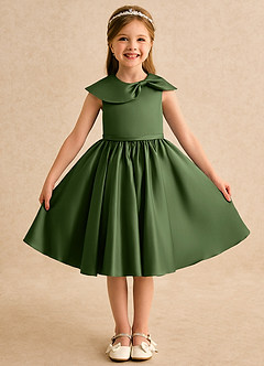 Azazie Acorn Flower Girl Dresses Olive A-Line Pleated Matte Satin Dress image1