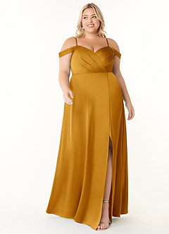 Azazie Ocean Bridesmaid Dresses Butterscotch A-Line V-Neck Pleated Stretch Satin Dress image6