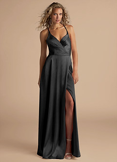 Azazie Davis Bridesmaid Dresses Black A-Line Pleated Metallic Satin Dress image2