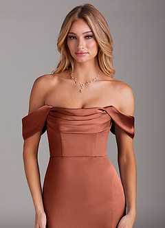 Azazie Saige Bridesmaid Dresses Clay Sheath Off the Shoulder Stretch Satin Dress image7