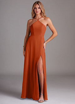 Azazie Bailey Bridesmaid Dresses Burnt Orange A-Line Halter Side Slit Chiffon Dress image1