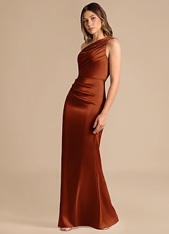 Azazie Akilah Brautjungfernkleider Meerjungfrau-Linie One-Shoulder Metallischer Satin Kleid Rotbraun image4