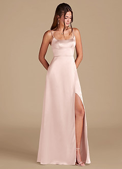 Azazie Halsey Bridesmaid Dresses Blushing Pink A-Line Side Slit Metallic Satin Dress image1
