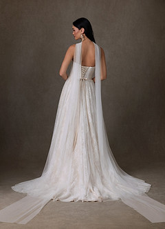 Azazie Adriana At-home Try On Dresses Diamond White Champagne A-Line Strapless Lace Dress image2