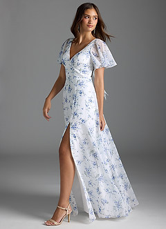 Azazie Kimber Bridesmaid Dresses Blue Cottage Floral A-Line Flounce Sleeve Chiffon Dress image4