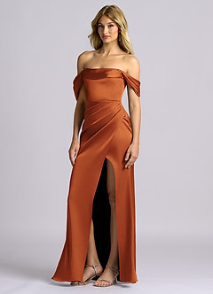 Azazie Auden Abiti da Damigella Abito Convertibile Tubino in Raso Elasticizzato a Spalla Scoperta Cannella image4