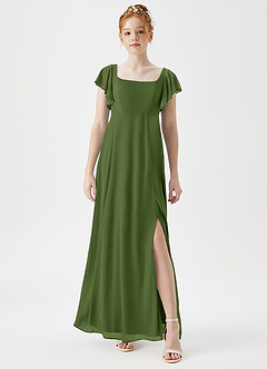 Azazie Bondi Junior A-Linie Seitliche Cut-Outs Gittergewebe Kleid Olivgrün image1