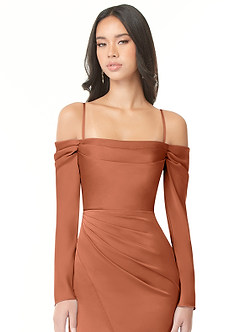 Azazie Hallie Bridesmaid Dresses Cedar Rose Sheath Off-The-Shoulder Long Sleeve Stretch Satin Convertible Dress image2