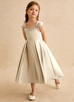 Azazie Yosemite Jurken voor bloemenmeisjes Baljurk Jurk van Mat Satijn Sweetheart Halslijn Champagne image6