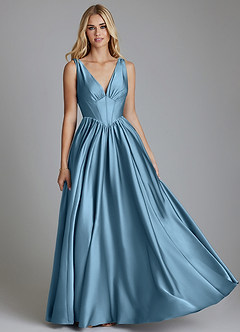 Azazie Delmie Abiti da Damigella Abito A-Line in Raso Elasticizzato Corsetto Blu Acciaio image1