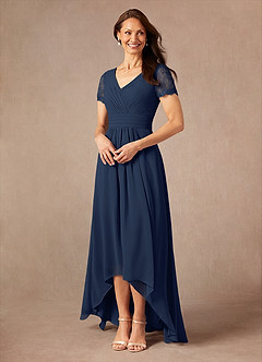 Azazie Polly vestidos de madre de la novia Vestido de Azul Marino Oscuro de Gasa de Corte En A con Encaje image3