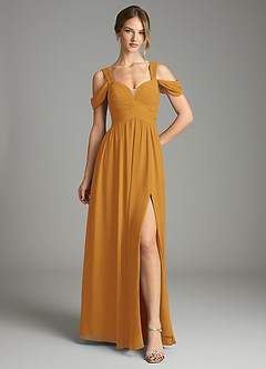 Azazie Lianne Bridesmaid Dresses Butterscotch A-Line Off the Shoulder Chiffon Dress image2