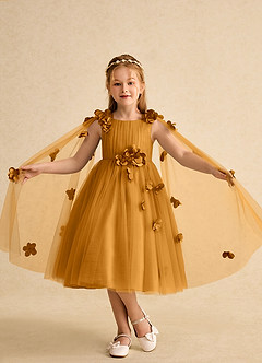 Azazie Staria Flower Girl Dresses Butterscotch Ball-Gown Ruched Tulle Dress image4