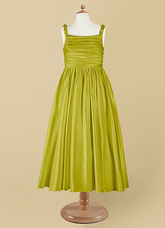 Azazie Cutie Pie Flower Girl Dresses Lemongrass A-Line Pleated Matte Satin Dress image7